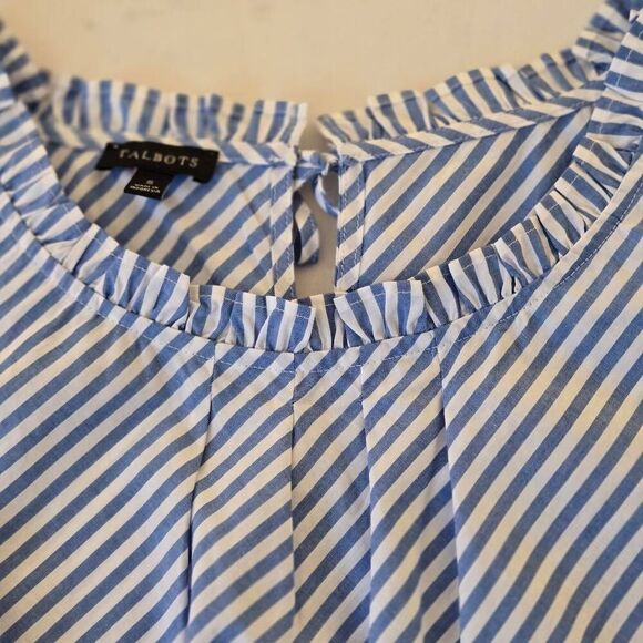 Talbots Womens Sea Breeze Blue White Ruffle Neck Cotton Sleeveless Top Small - Picture 6 of 10